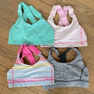 Lot of four lululemon energy bra size 6 pink , green , striped and black